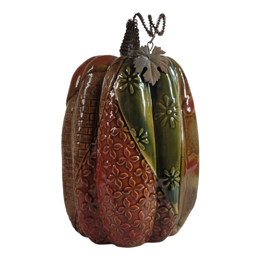 Thanksgiving Pumpkin Decor Brown Green 10.5" Fall Autumn Wire Stem Ceramic Gloss